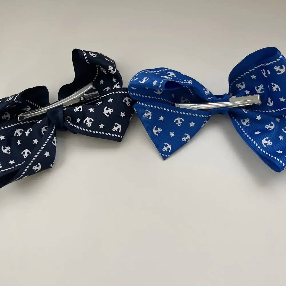 Lot Of 2 Ribbon Designed 6” Bow Clips Blue Light Blue Anchors Alligator